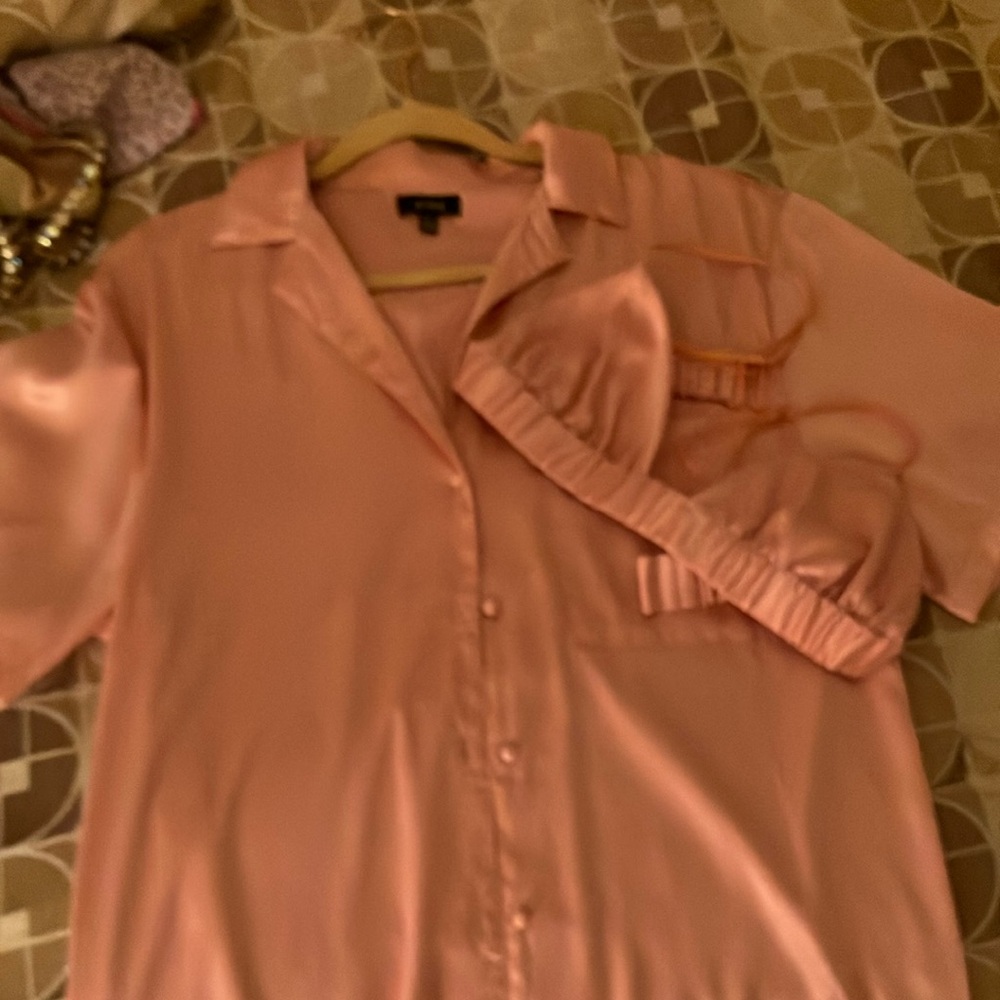 Pink Button-Up Shirt and Bra Set